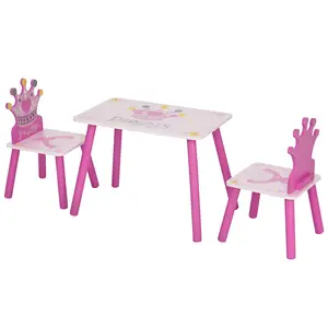 3-Piece Wooden Table & Chairs – Pink. For Ages 2-4. Crown Pattern + High Back Chairs. MDF + Pinewood + Rounded Edges + Tilt Legs. 2 Chairs + 1 Table