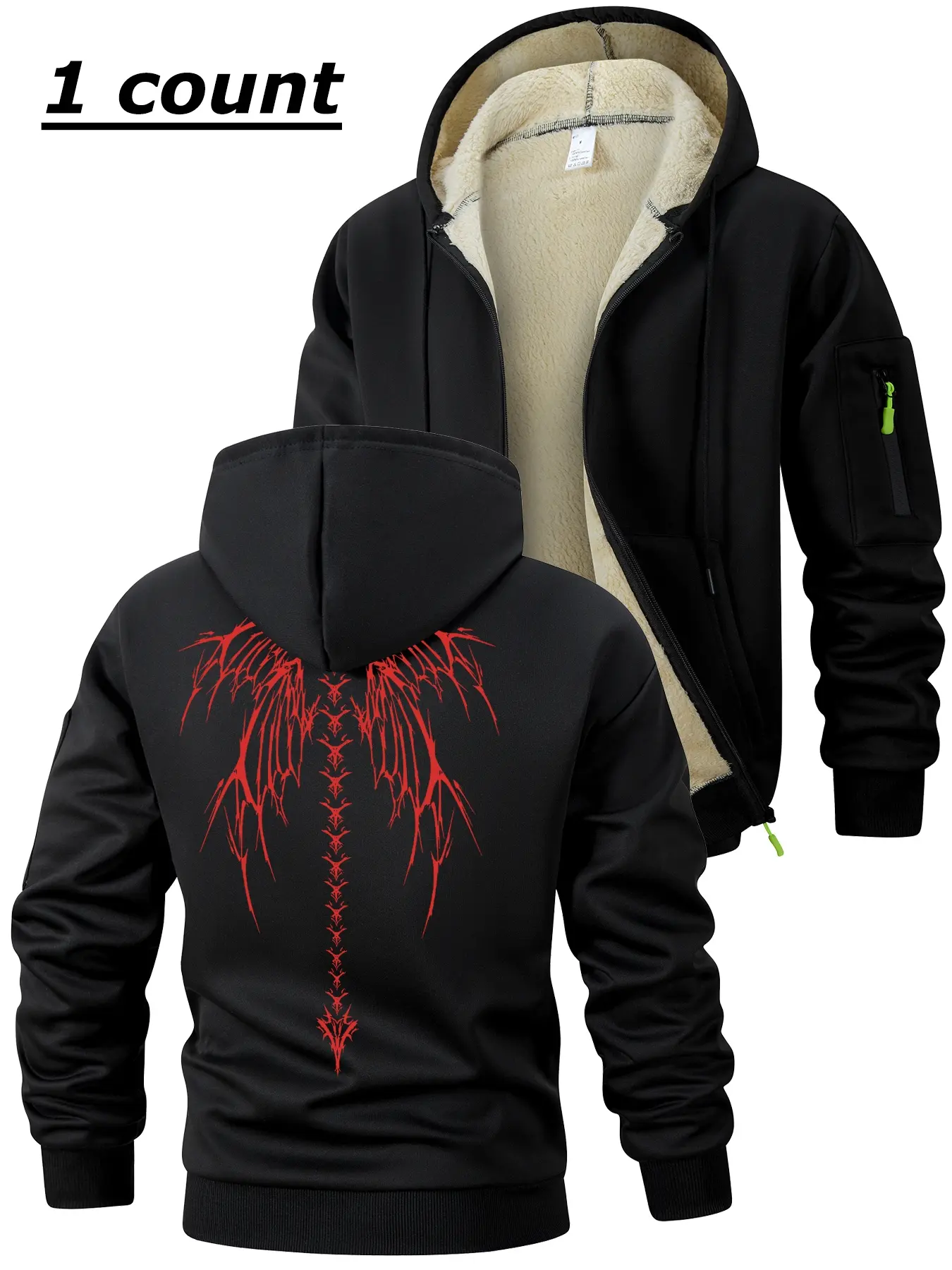 Skeleton Wings Print Sherpa Fleece Lined Fitted Jacket for Men, Fall Winter Warm Thermal Plush Hooded Long Sleeves Coat, Sporty Casual Outwear Outfits Tops, Kangaroo Pocket & Zipper Pocket Sleeve