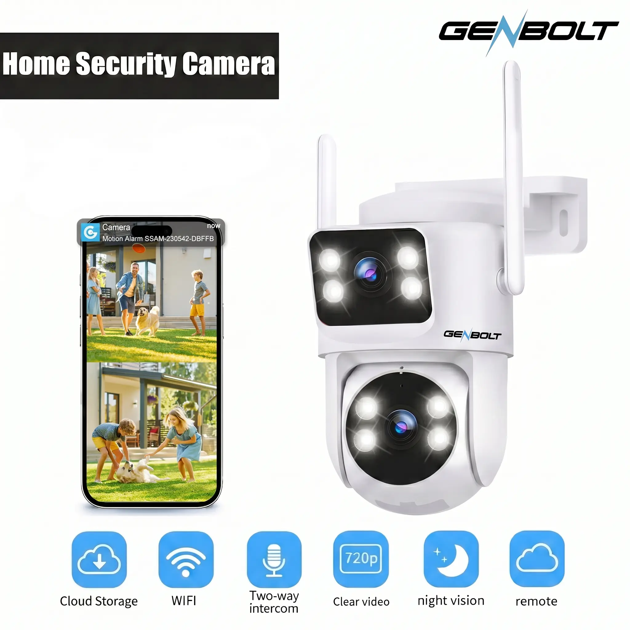 GENBOLT Home Security Cameras,1080P HD Outdoor Camera 360 Full View Color Night Vision,AI Human Detection & Motion Detection,Two-Way Audio,2.4G/5G Dual Band WiFi Connection,Wall CCTV No Trace Install, Easy Installation,Plug-in-Power,1Pack