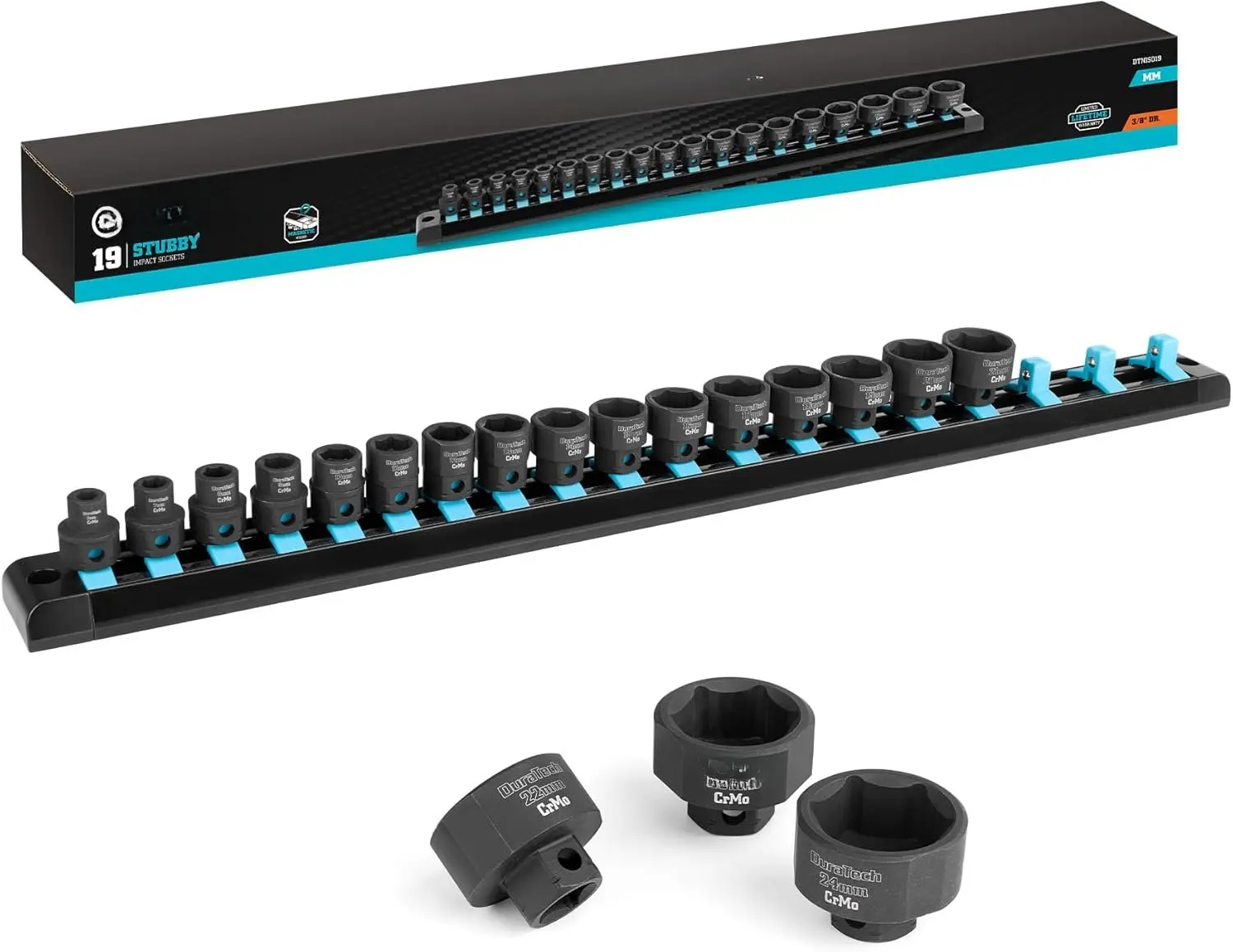 3/8" Drive Stubby Impact Socket Set, Low Profile Impact Sockets, 19-, Metric, Size Covers 6-24mm, Cr-Mo Steel, Organized in  Storage Rail