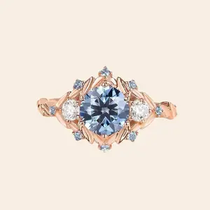 Rose Gold Leaf Halo Ring 1.5ct Blue Moissanite Engagement with Swiss Blue Topaz Accents Floral Promise Handmade in LA Made to Order 7-10 Days Blue Moissanite Wedding Ring Rose Gold Leaf Engagement Topaz Jewelry