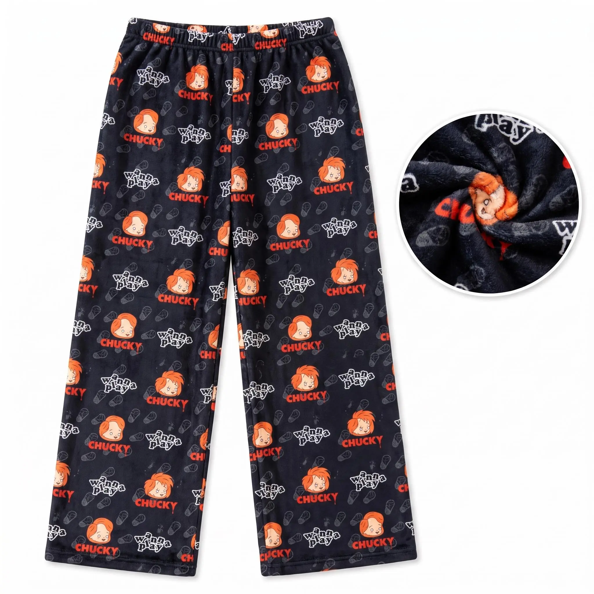 Unisex Chucky Fleece Pajama Pants, Soft Plush Wide Leg Lounge Pants for Men & Women, Horror Halloween Sleepwear Casual Elastic