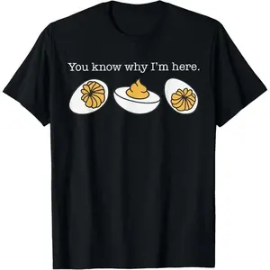 Retro Thanksgiving Dinner You Know Why I'm Here Deviled Egg T-Shirt Funny Gift for Deviled Egg Fans and Holiday Humor Lovers Men's Cotton Graphic Tee alternative band merch black frosty wave sarcastic gen x lot women breathable printing smooth knit fabric