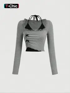 Women's 2 in 1 Bow Decor Frill Halter Neck Knit Tee Knitwear, Y2K Trendy Casual Everyday Tie Back Long Sleeve T-shirt Fit for Fall & Winter, Women's Clothes for Daily Wear, Lady Top, Womenswear
