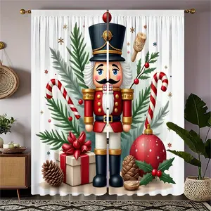 2pcs Christmas Nutcracker Soldier Curtain Panels - Holiday Window Drapes with Red, Green, Golden Colors - Semi-Opaque Light Filtering for Living Room, Bedroom, Dining - Machine Washable Polyester Fabric - Vintage Christmas Decorations