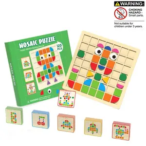 120 pcs Wooden 3D Mosaic Puzzle Board, Color & Shape Cognitive Hand-Eye Coordination Training Toy, Ideal Birthday Gift for Ages 3+, Wooden Jigsaw Puzzle