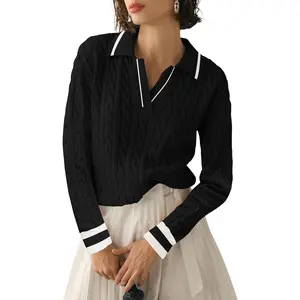 Womens Fall Long Sleeve Sweaters Lapel V Neck Cable Knitted Pullover Casual Soft Jumper Top