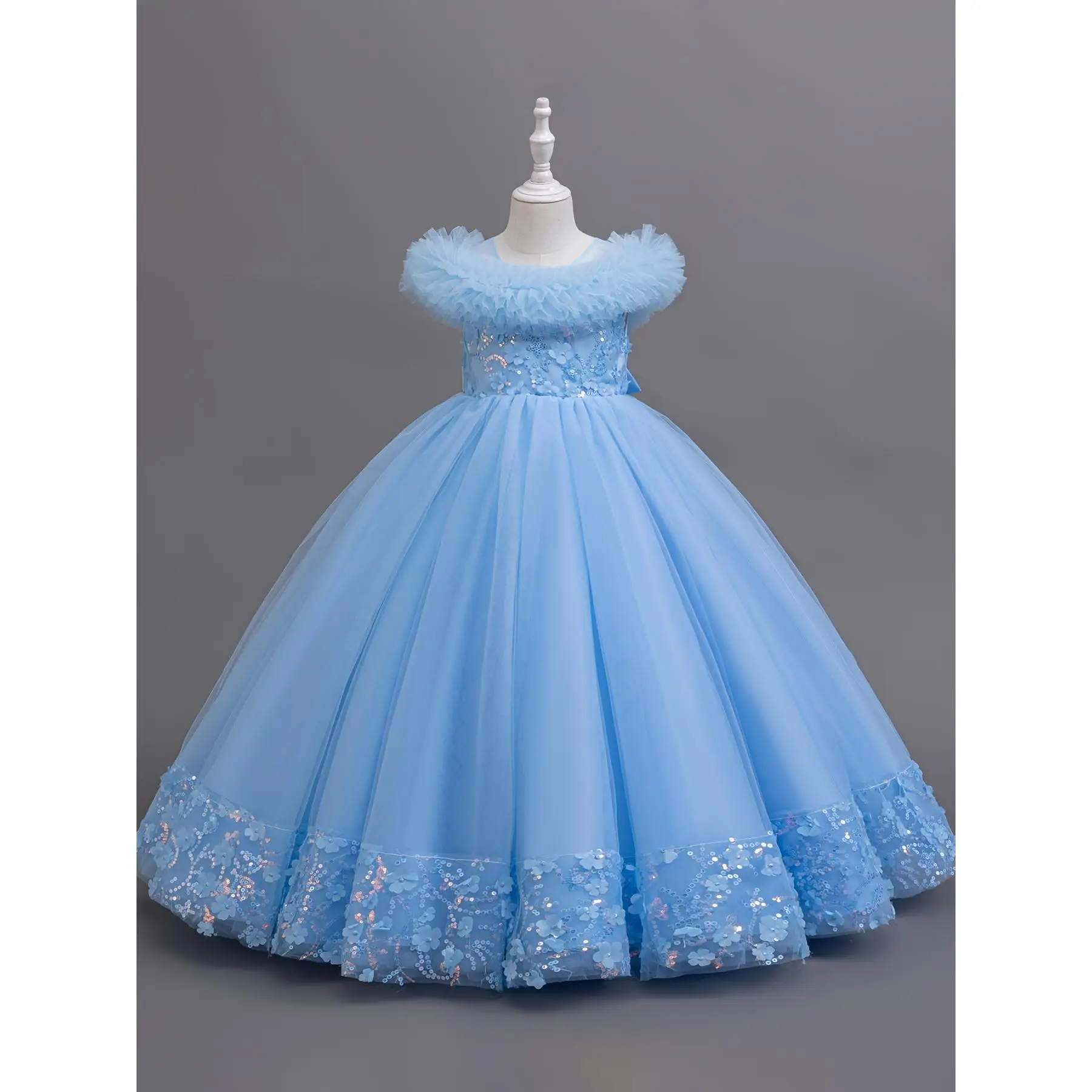 [Elegant Evening Gown] High-End Elegant Girls' Long Evening Gown | White Dress with Floral Lace Detail, Sequined Waist, and Tulle Skirt for Weddings