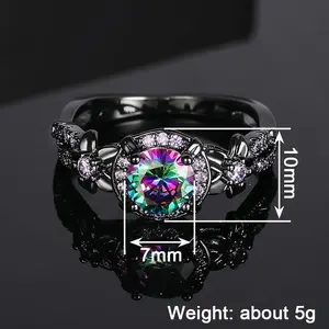 Mystic Rainbow Crystal Ring for Women | Black Gold Plated Vintage Statement Ring with Purple CZ Accents
