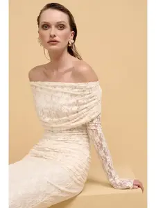 Studded Floral Lace Off Shoulder Foldover Top