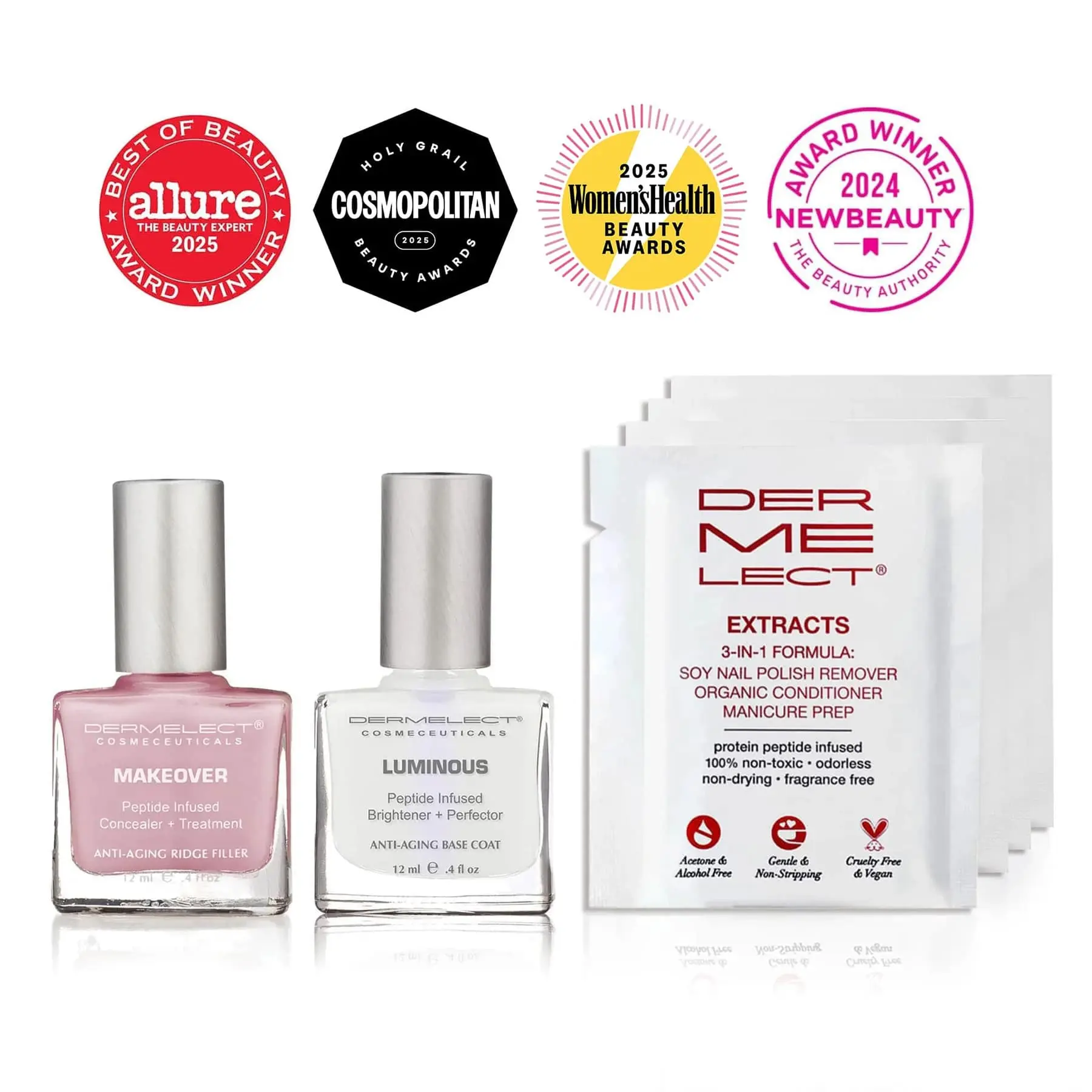 Dermelect Clean & Care Nail Renewal Kit – 3-Step Manicure Set with Soy Nail Polish Remover Wipes, Ridge Filler & Nail Brightener for Stronger, Smoother, Healthier Nails