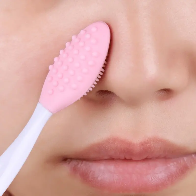 Pink Double-Ended Silicone Blackhead Remover Brush, Beauty Tools, Deep Pore Cleansing Face Scrubber, Exfoliator for Daily Skincare, Travel-Friendly Tool for Oily/Acne-Prone Skin, Ideal for Blackhead Removal, Makeup Prep & Post-Shave Cleansing