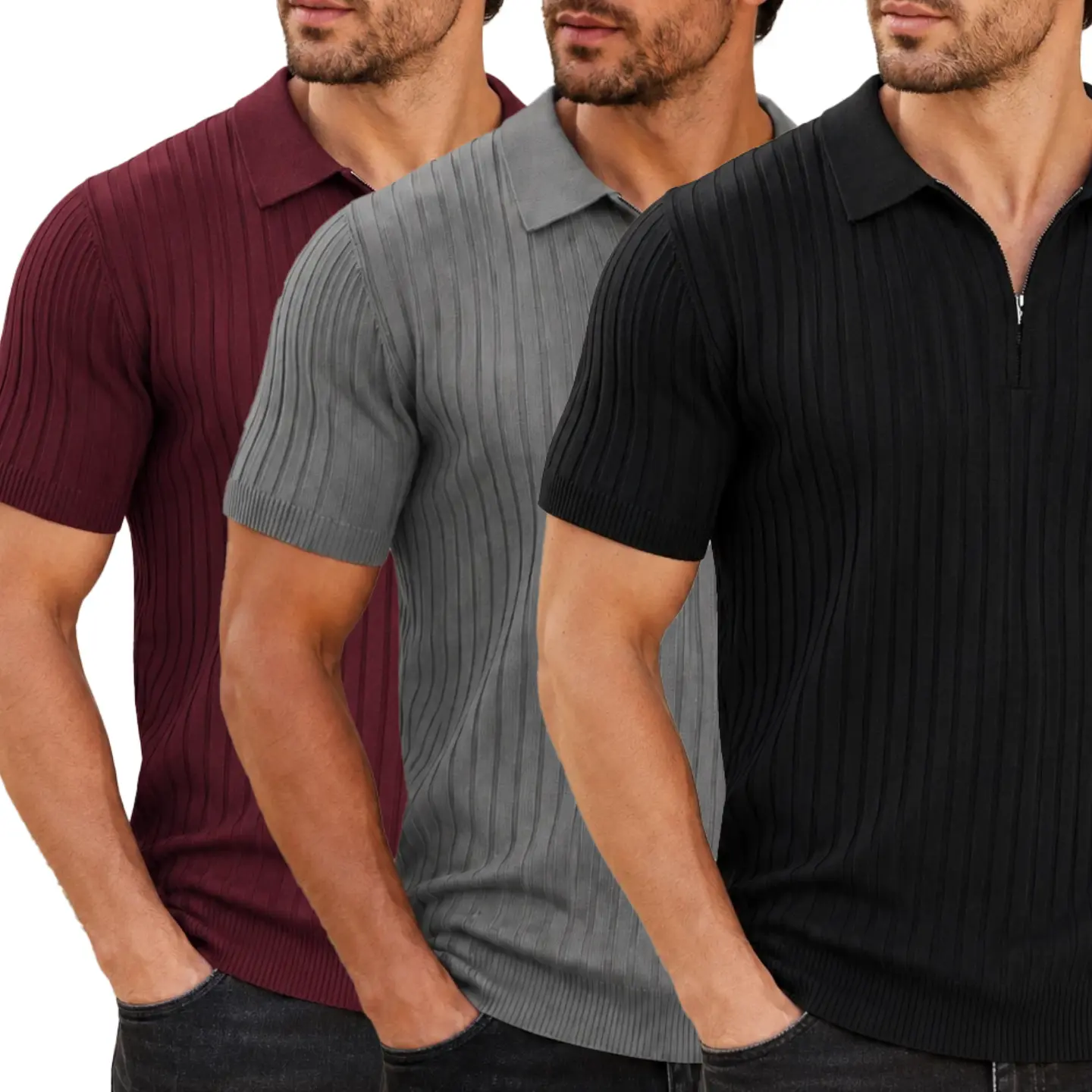 Men's Short Sleeve Zipper Polo Shirt, Ribbed Knit Collared Top for Men, Casual Spring Summer Golf Work Shirt, Lightweight Daily Wear Pullover