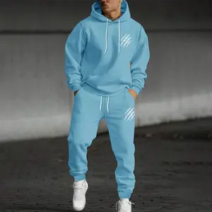 New autumn and winter 2-piece men's casual sports solid color two-piece set, hooded long sleeved sweatshirt paired with casual pants, featuring a printed pattern design, simple and versatile, and made of slightly elastic knitted fabric