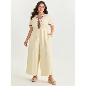 BLOOMCHIC Plus Size Women Clothing Curvy Cotton Floral Embroidered Tassel Waist Jumpsuit Overalls, Women's Clothes Fashion Overalls [M-6X] 2026 Summer Swimweek Vibes