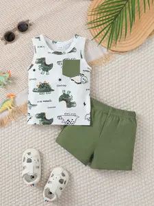 Summer Cartoon Cute Dinosaur Print Vest Set, Solid Color Shorts, Casual, Short Sleeve, Loose-Fitting, 2 Piece Set