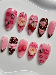 Handmade Pink Press-On False Nails with Ladybug, Cherry, and Pearl Nail Art Decorations