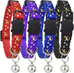 Cat Collar Stars and Moon, 4-Pack, Reflective with Bell, Solid & Safe Collars for Cats, Nylon, Kitty Collars, Pet Collar, Breakaway Cat Collar No Brand