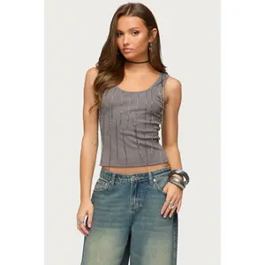 Beaded Fringe Ribbed Tank Top