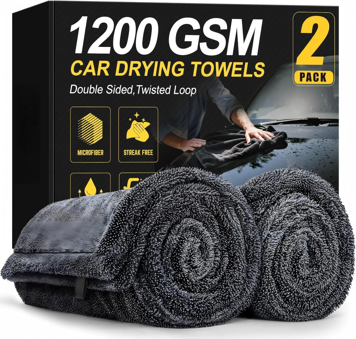 【DealsForYouDays】2-Pack 1200 GSM Car Drying Towels – Microfiber Towels for Cars (36" x 24"), Ultra-Absorbent, Streak-Free, Scratch-Free, No Water Spots, Double-Twist Pile & Edgeless Design - Car Wash Accessories! #BackToSchoolGift
