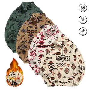 Men's Ethnic Pattern Zip Up Plush Sweatshirt, Casual Long Sleeve Pocket Collared Pullover for Winter, Fashion Men's Clothes for Daily Wear Menswear Coats Jackets Tops Gamis Bestie