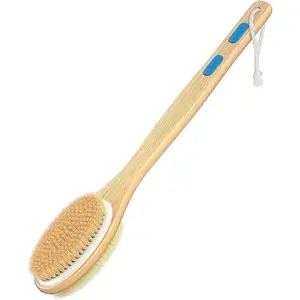 Bamboo Shower Brush, Soft and Stiff Bristles Dual-sided Long Handle Back Scrubber, Body Wet Dry Brushing, Bathing Accessories, Personal