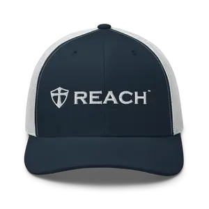 REACH Embroidered White on Navy Retro Trucker Hat