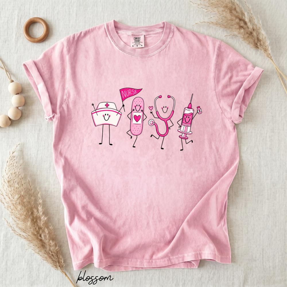 Cute Happy Medical Doodle Nurse Shirt, Comfort Colors Nursing Graphic Tee, Scrub Hat Stethoscope Syringe T-Shirt, RN Appreciation Gift