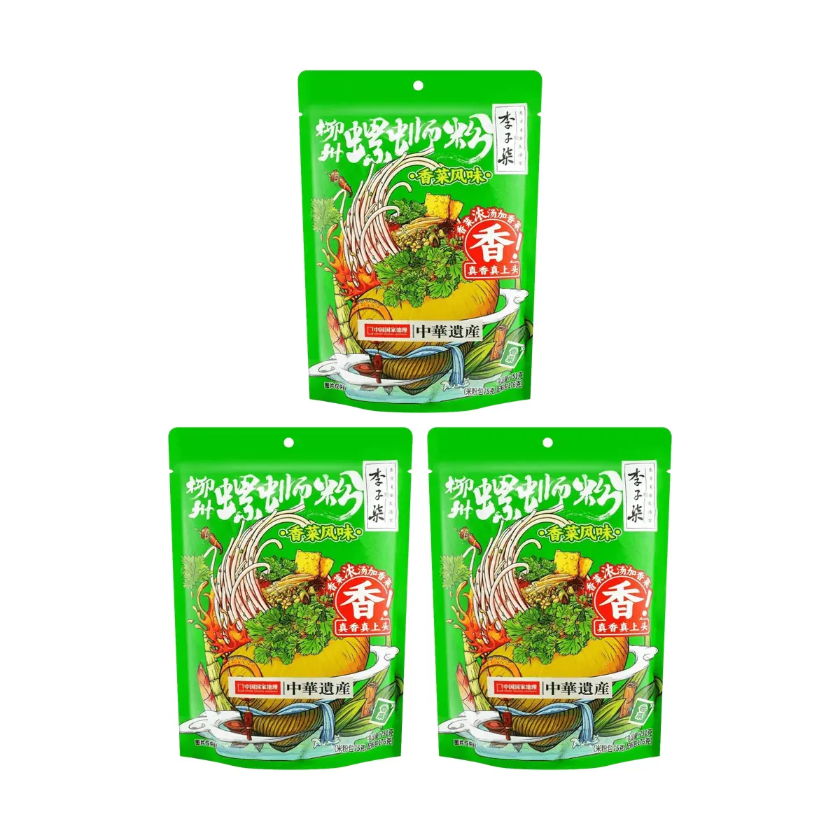 LIZIQI Coriander Flavor Liuzhou River Snails Rice Noodles - 3 Pack (251g Each) - Authentic Guangxi Spicy Noodle Soup - New Arrival