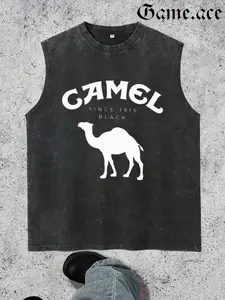 GAME.ACE Retro Washed Black Sleeveless Tank Top, Featuring Bold "CAMEL SINCE 1913 BLACK" Lettering & White Camel Silhouette Graphic Print, Casual Vintage Streetwear, 100% Cotton Breathable Unisex Vest, Ideal for Daily Wear, Casual Outings