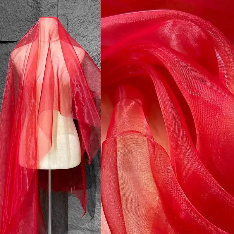 Red Shimmering Sheer Mesh Fabric - Lightweight, Breathable Textile for DIY Crafts, Apparel, Wedding Decorations