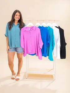 Zenana Double Gauze 3/4 Sleeve Button Down Top | S/M-2XL/3XL