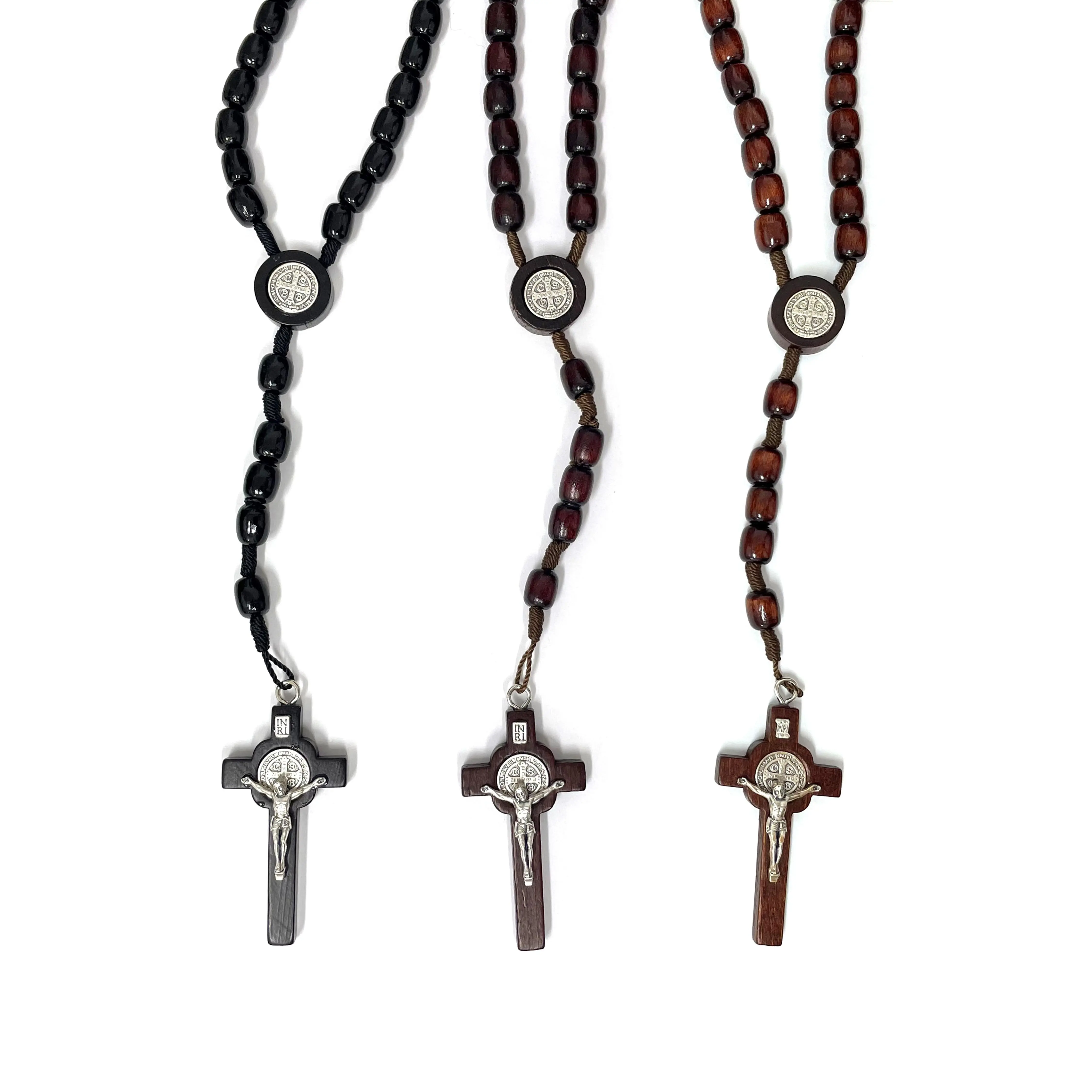 Saint Benedict wooden beads and cord rosary made Italy