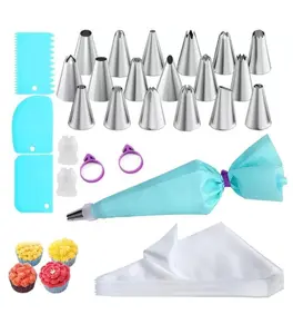 126pc Piping bag and nozzle set, 100 piping bags, disposable piping bags, cake decorating set with 2 converters, 18 piping nozzles, 2 cable ties and 3 cake spatulas. Cake decorating set, baking supplies and tools.