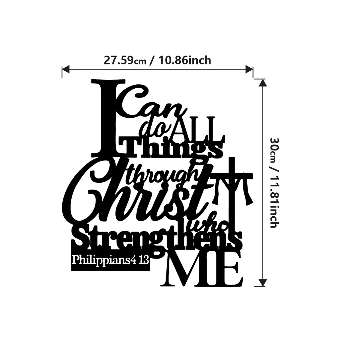 Christianity Black Metal Wall Art (27.5x30cm) with Bible Quote "I Can Do All Things Through Christ", Cross Motif Crucifix Pendant, Religious Home Decor Ornament, Cross Religious Decorations, Christian Faith Gift for Outdoor Use,