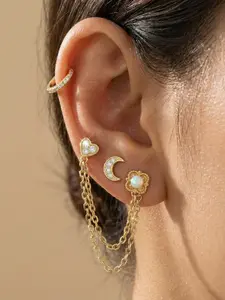 5-Piece Chain Design Clover Heart Shaped Moon Zircon Stud Earrings Set, Gothic Vintage Style, Daily Party Beach Vacation Graduation Versatile Wear Gift