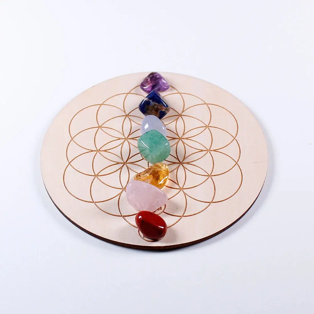 Natural Crystal Seven Chakra Healing Stone Star Array Wood Plate
