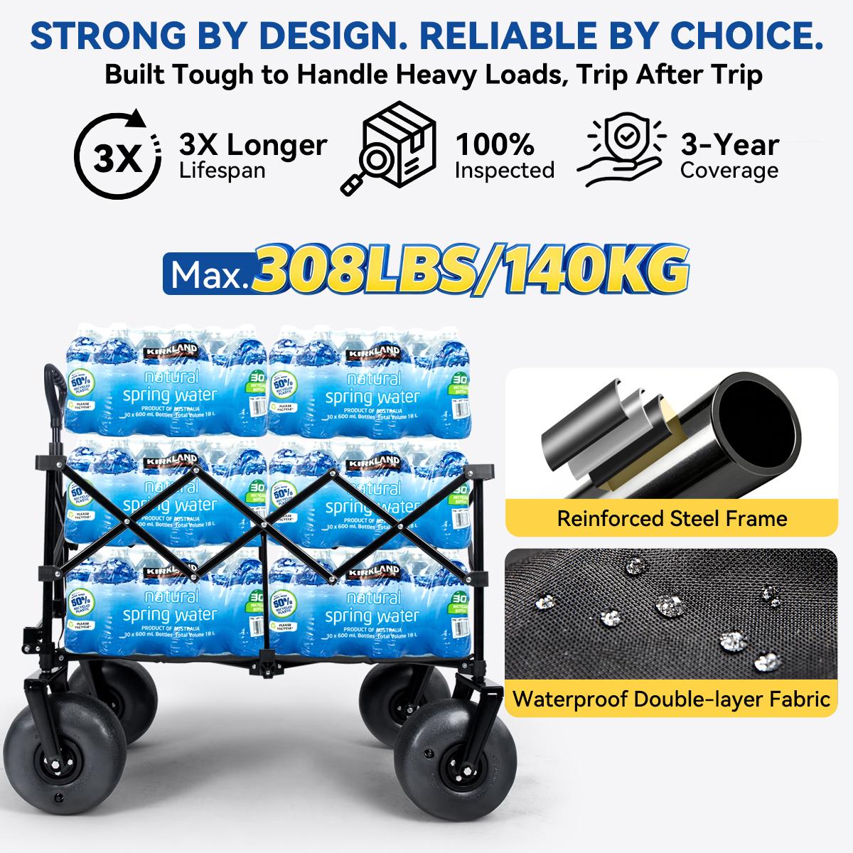 Hikenture Beach Wagon with Balloon Wheels, 9" PU Tires Collapsible Wagon, 440lbs Heavy Duty Beach Cart with Big Wheels for Sand, Large Capacity Utility Wagons Carts Foldable