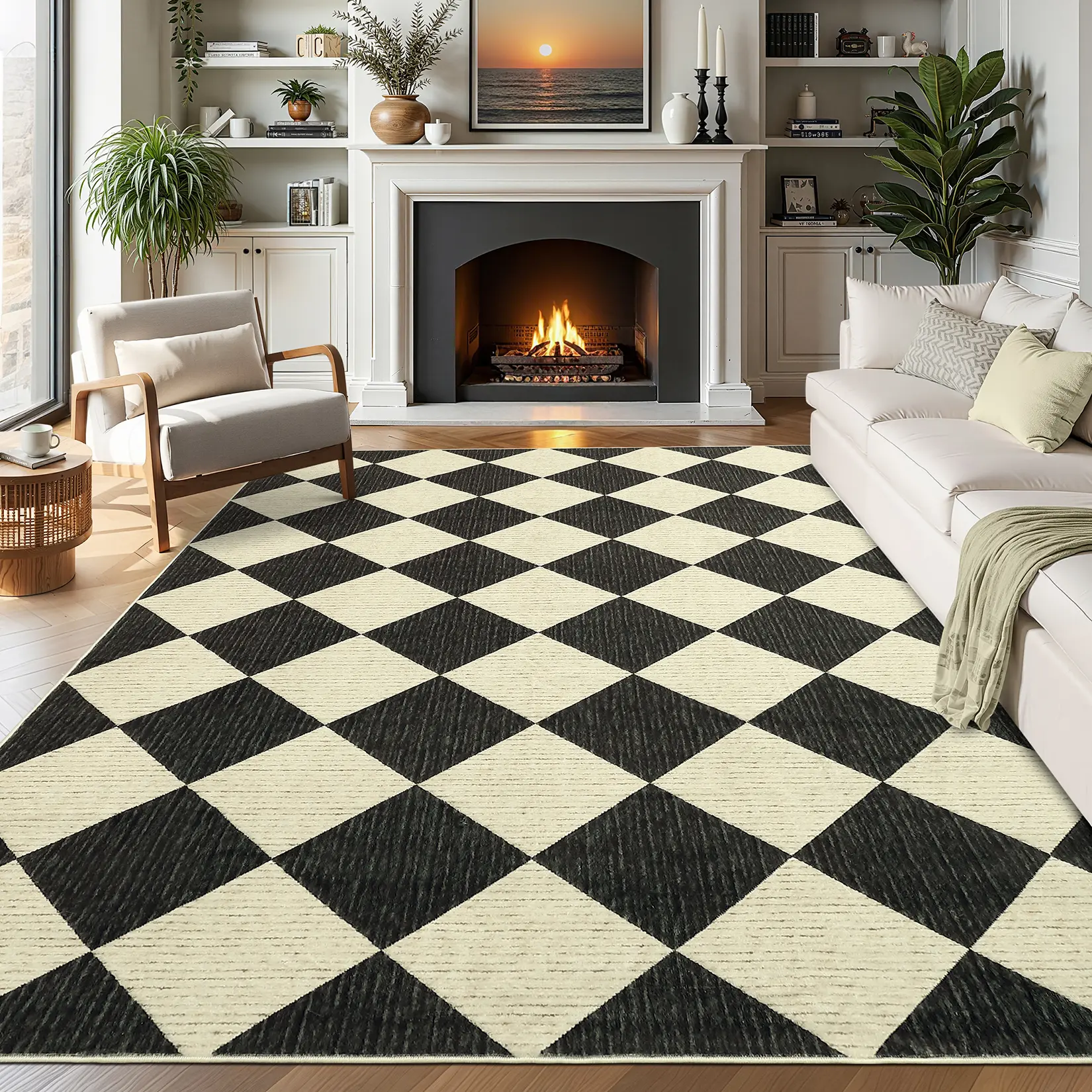 Washable Checkered Area Rugs for Living Room, Modern Geometric Soft Non Slip Bedroom Rug Diamond Print Minimalist Large Dining Room Carpet Low Pile Non Shedding Ultra Thin Floor Cover for Home Decor