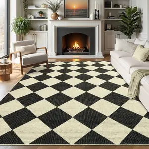 Washable Checkered Area Rugs for Living Room, Modern Geometric Soft Non Slip Bedroom Rug Diamond Print Minimalist Large Dining Room Carpet Low Pile Non Shedding Ultra Thin Floor Cover for Home Decor