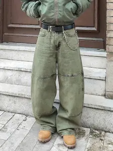 Four Seasons Men's Retro Stone Washed Mud Yellow Distressed Loose Wide-Leg Casual Jeans, Non-Stretch Long Style Fashionable and Versatile Streetwear Look, Suitable for Daily Casual Outfits, Essential Long Pants for Creating Classic American Casual Style