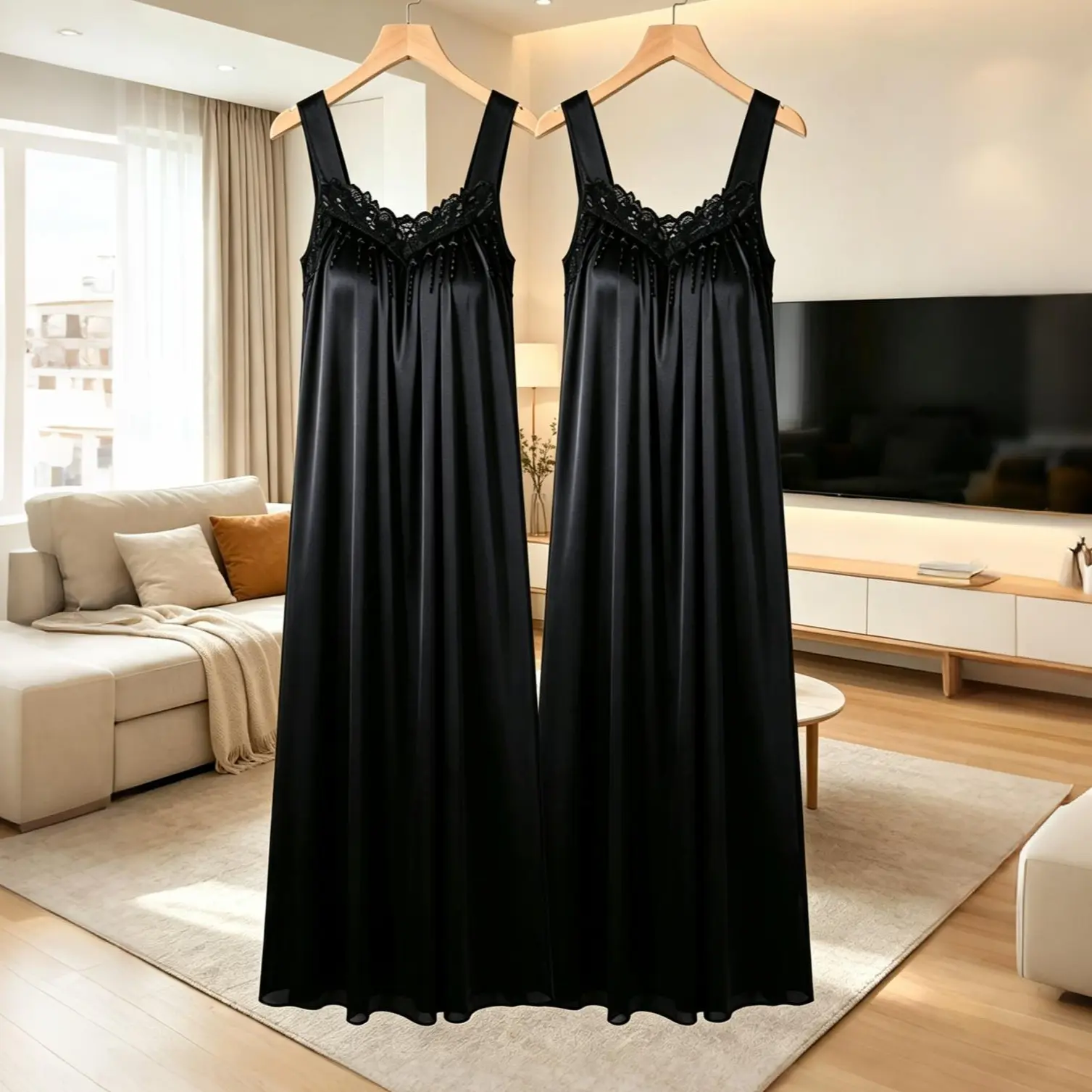 Women's 2-Piece Elegant Ice Silk PJ Set, Feminine Basic Everyday Crew Neck Short-Sleeve Nightgown Loungewear with Lace Trim, Sheer Polyester, Soft Drape, Lightweight, Lotus Leaf Hem, Loose Fit, Machine Washable, Spring/Summer