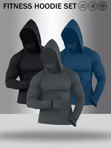Men's Fitness Hoodie Set with Balaclava, Quick Dry Compression Workout Long Sleeve Shirt, Breathable Sun Protection Gym Top with Thumb Holes for Training, Cycling, Fishing #springsaledeals2026 #summeroutfits #tiktokshopmademebuyit #mensfitness