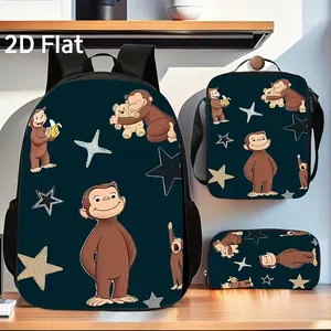 3Pcs Curious George Monkey Print Backpack Set Durable 600D Oxford Cloth School Bag Insulated Lunch Box & Pencil Case Combo Adjustable Breathable Strap Large Capacity Fits 15in Laptop for Kids Teens School Travel Outdoor Use