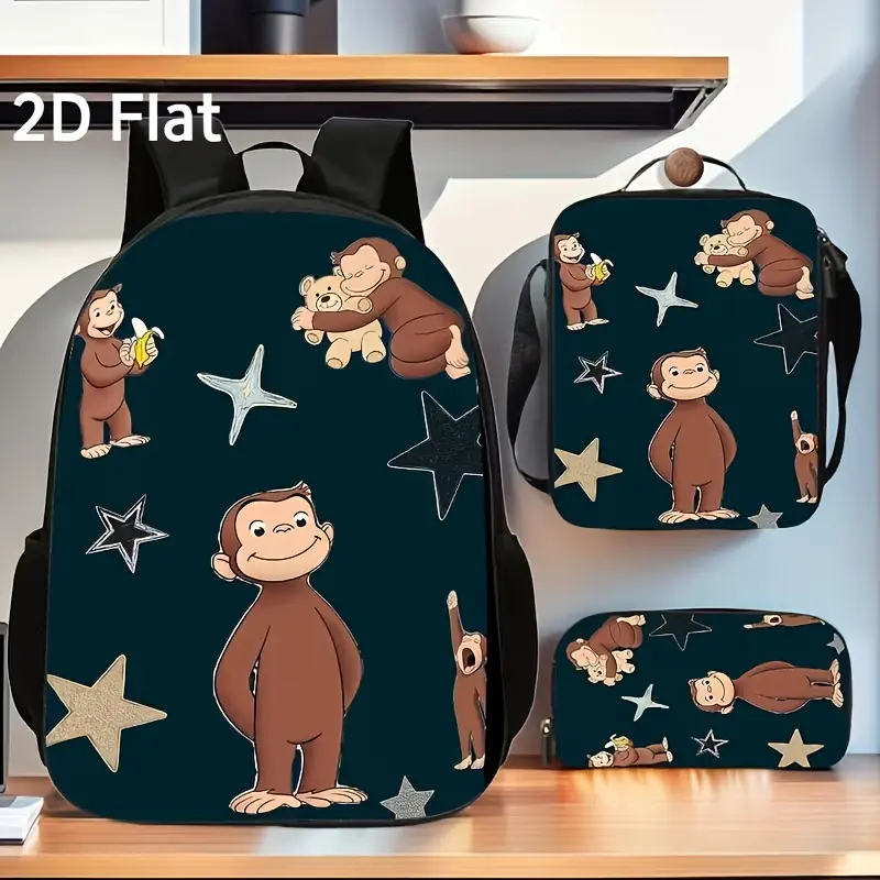 3Pcs Curious George Monkey Print Backpack Set Durable 600D Oxford Cloth School Bag Insulated Lunch Box & Pencil Case Combo Adjustable Breathable Strap Large Capacity Fits 15in Laptop for Kids Teens School Travel Outdoor Use  affordable  Backpack   