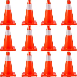 12-Pack 18-Inch Traffic Cones Set With Durable PVC Bases Bright Orange Safety Cones For Roadway Parking Lot, Construction Sites And Home Use Includes Reflective Collars For Enhanced Nighttime Visibility, Weatherproof, Lightweight