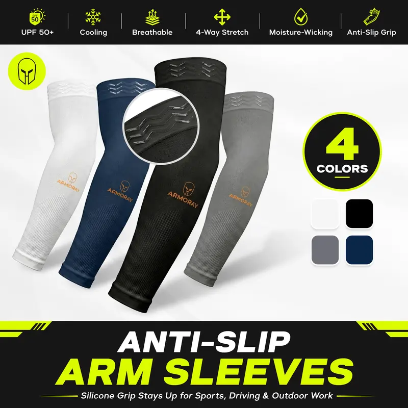 ARMORAY Unisex Compression Outdoor Arm Sleeves - UPF 50+ Sun Protection & Cooling, Elastic Breathable Anti-Skid Stretchy Supportive Fabric, Pull-On, Stays Up for Sports, Tattoo Cover-Up, Machine Washable Plain Solid Sports Sleeves & Support