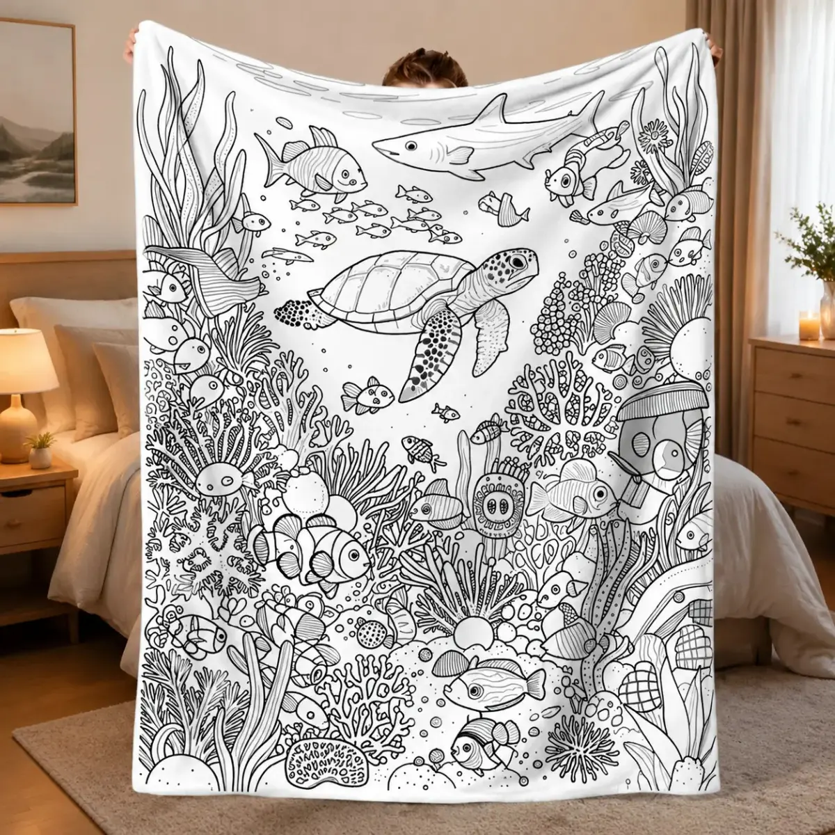 Ocean-Themed Coloring Blanket - Anti-Pilling Resists Wear, Color-Stay Dye, Lightweight Warmth for Year-Round Use, Sea Creature Line Art with English Labels, Vacuum-Packed Ship, Home, Camping Travel Gift for Adults