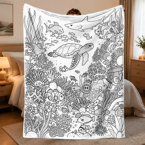 Ocean-Themed Coloring Blanket Suitable for Home, Office, Camping Throw| Flannel Bedspread with Sea Creatures Coloring Pages for Adults| Bedspread with English Labeled Line Art for Travel Gift, Sea Patterns for Adults