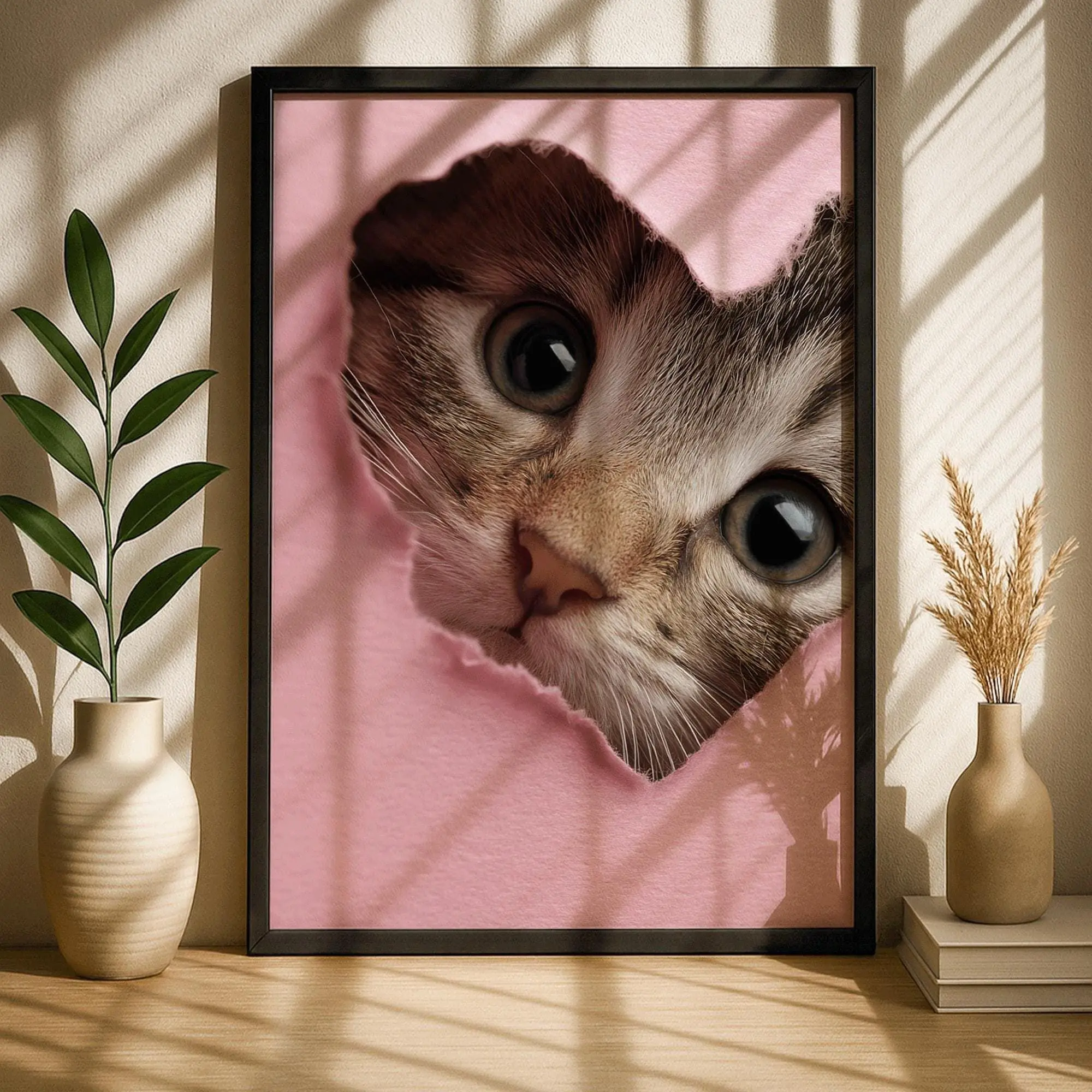 Unframed Blush Pink Artistic Cute Kitten Heart Graphic Print Poster, Home Supplies, Multi-Sizes (12x18,17x17,18x24,24x24), Wall Decoration, Valentine's Day Pet Room Decor (Shipped in a Tube)